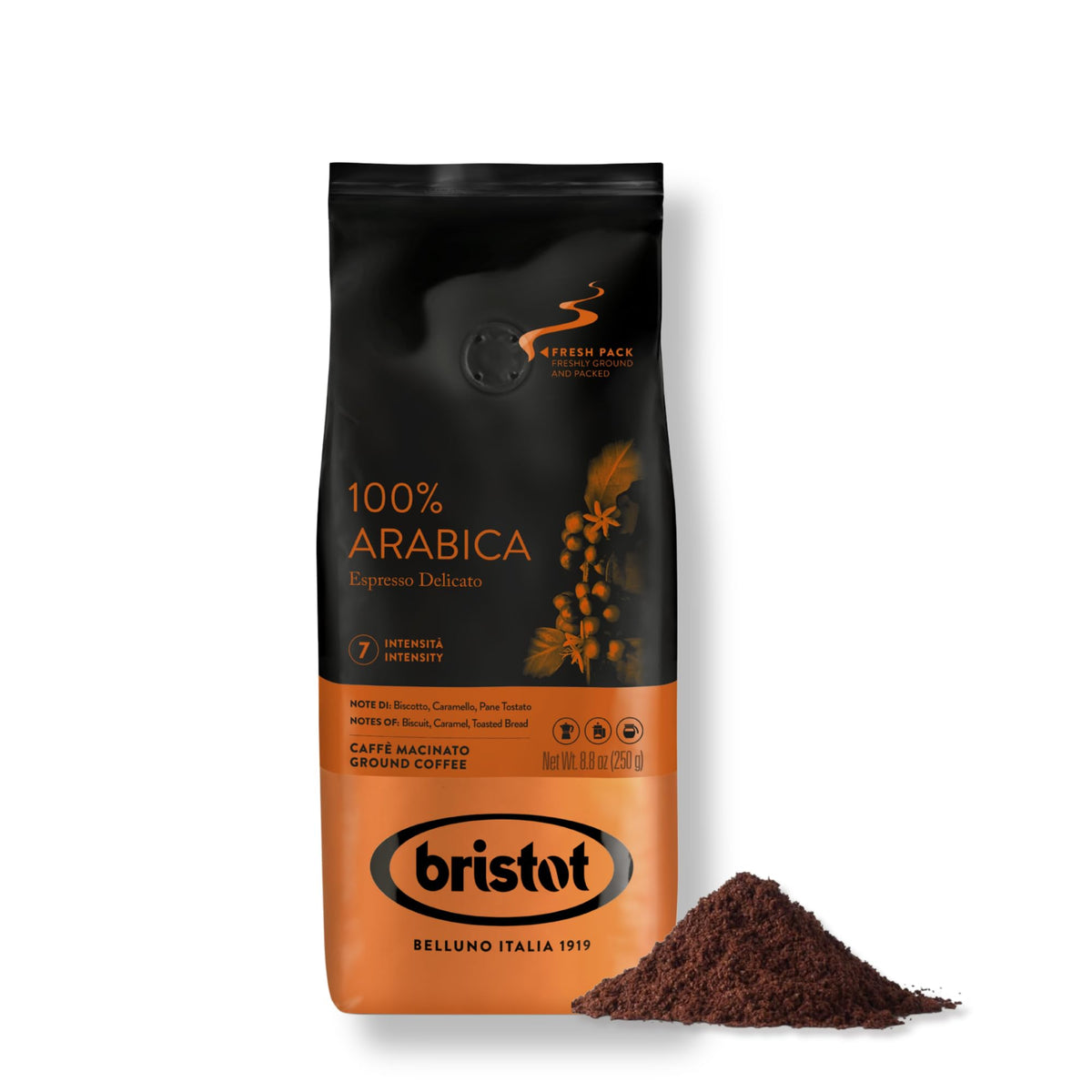 Bristot Espresso Cremoso Italiano Ground Coffee – Medium Roast, Rich & Smooth – 8.8oz (250g) Bag – Italian Ground Espresso for Home Machines