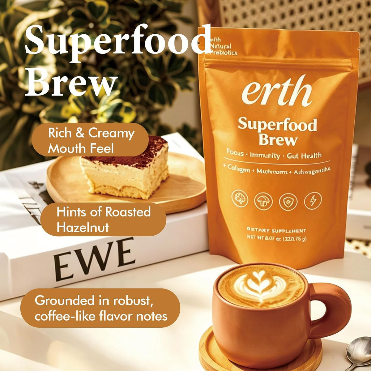 Earth Superfood Brew Coffee, Erth Mushroom Coffee, 8.07oz (228.75g)