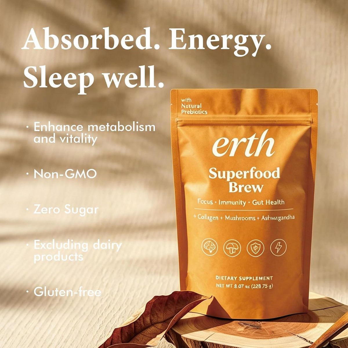 Earth Superfood Brew Coffee, Erth Mushroom Coffee, 8.07oz (228.75g)