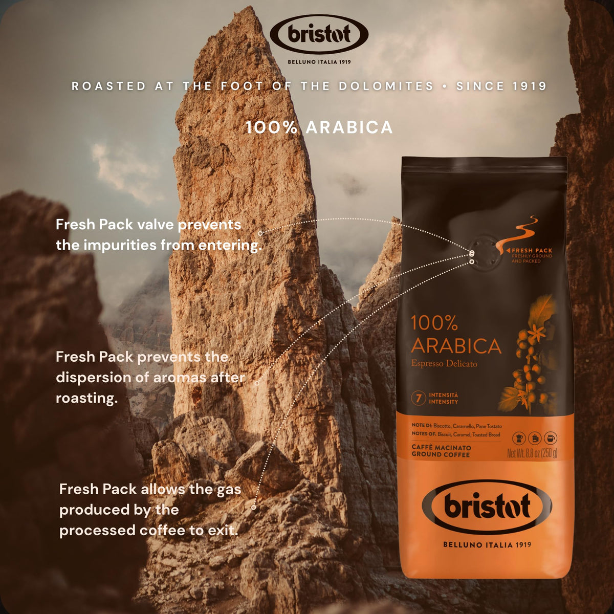 Bristot Espresso Cremoso Italiano Ground Coffee – Medium Roast, Rich & Smooth – 8.8oz (250g) Bag – Italian Ground Espresso for Home Machines
