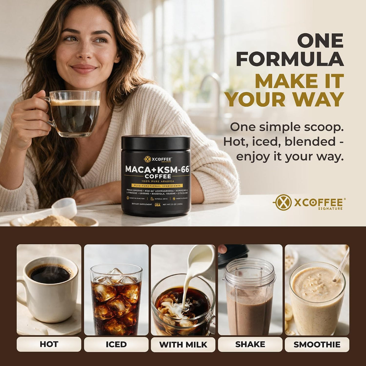 XCOFFEE Pure Arabica Maca Coffee with KSM-66®, Ashwagandha,Taurine.
