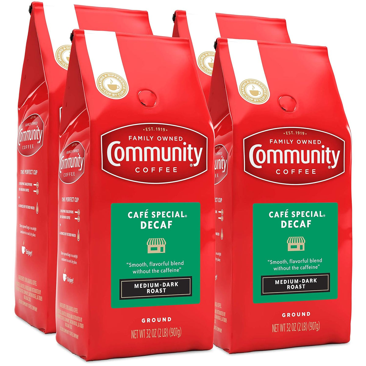 Community Coffee Café Special Decaf Ground Coffee, Medium Dark Roast, 32 Ounce Bag (Pack of 4)