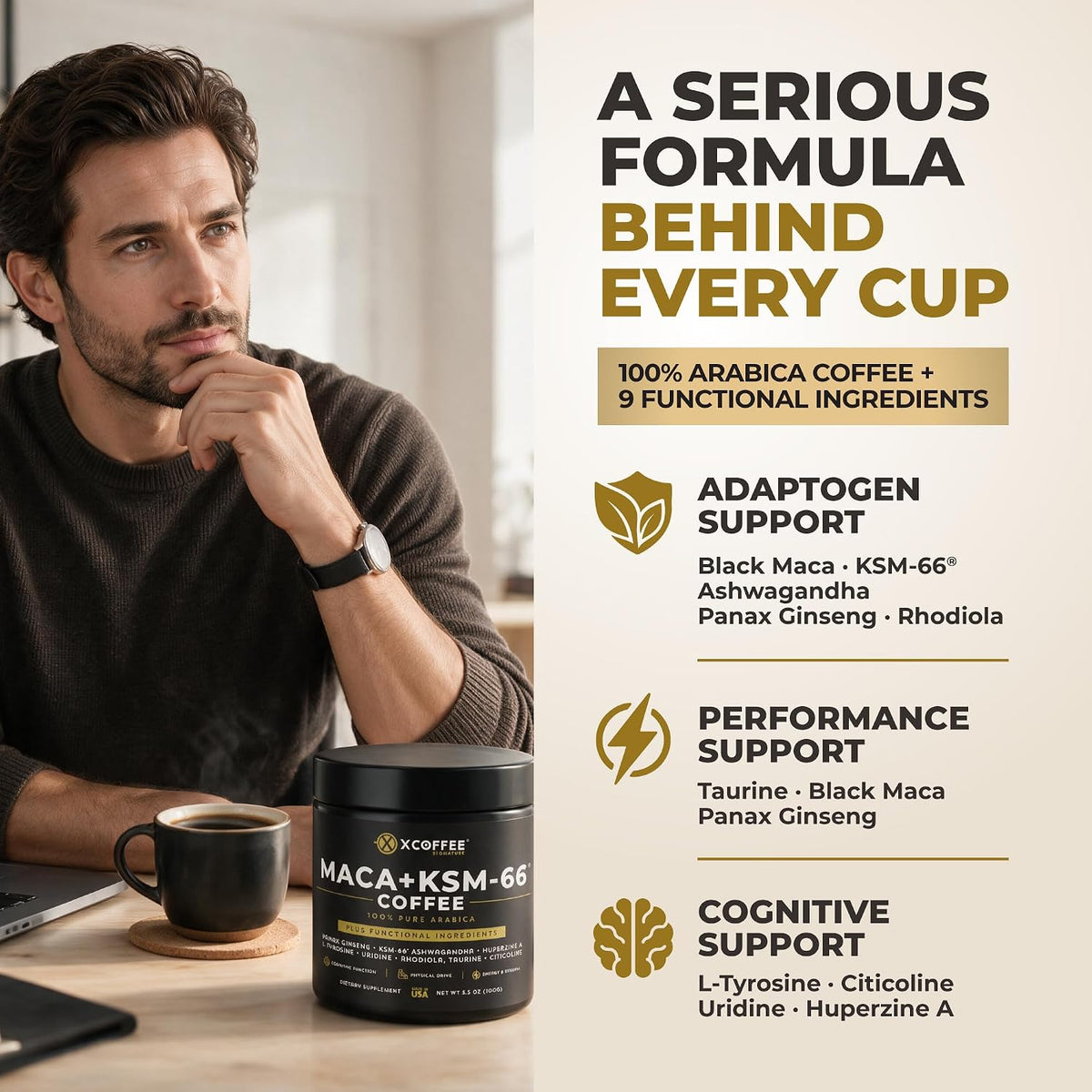 XCOFFEE Pure Arabica Maca Coffee with KSM-66®, Ashwagandha,Taurine.