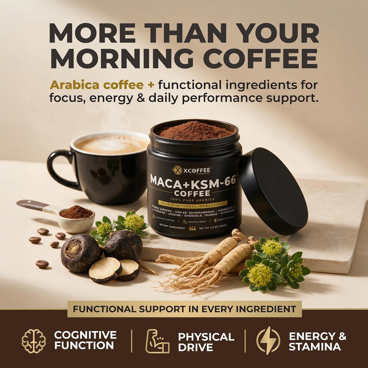 XCOFFEE Pure Arabica Maca Coffee with KSM-66®, Ashwagandha,Taurine.