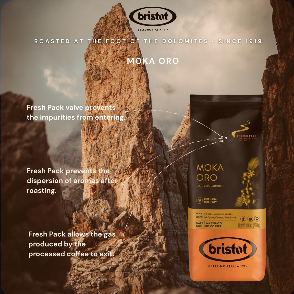 Bristot Espresso Cremoso Italiano Ground Coffee – Medium Roast, Rich & Smooth – 8.8oz (250g) Bag – Italian Ground Espresso for Home Machines